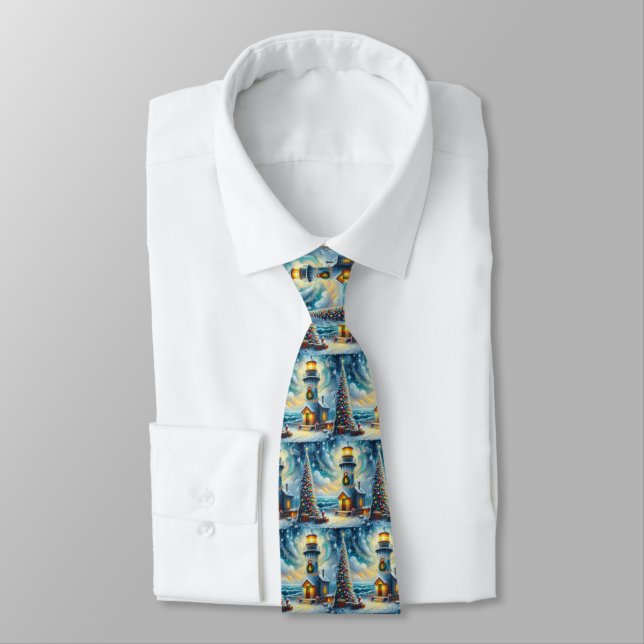 Corbata Faro de árbol de navidad azul costero náutico (Atado)
