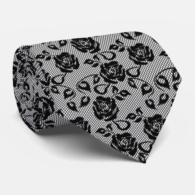 Corbata Faux Black Lace Neck Tie Fishnet with Roses (Enrollado)