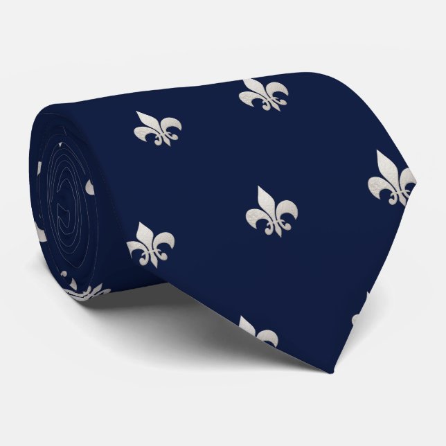 Corbata Faux Silver Fleur de lis DIY Navy Blue (Enrollado)