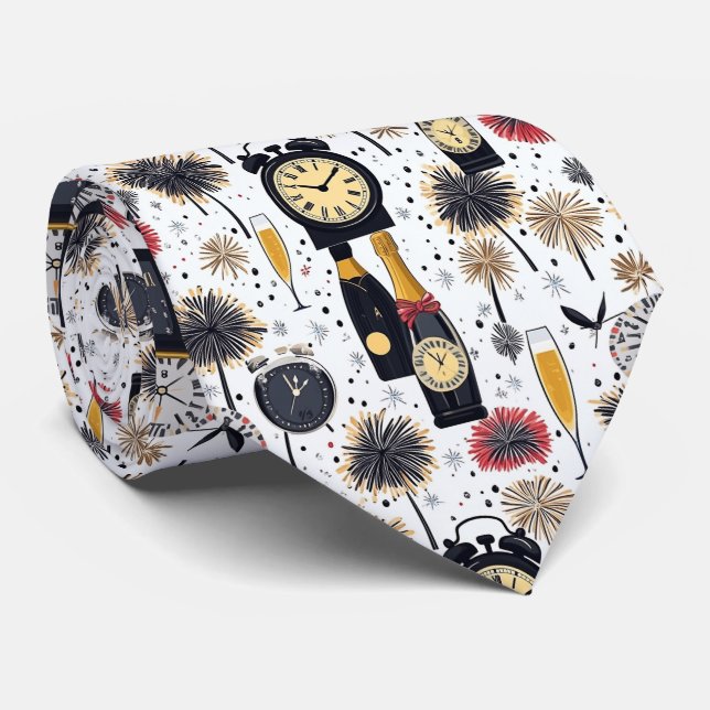 Corbata Feliz Año Nuevo Relojes Y Champán  (Enrollado)