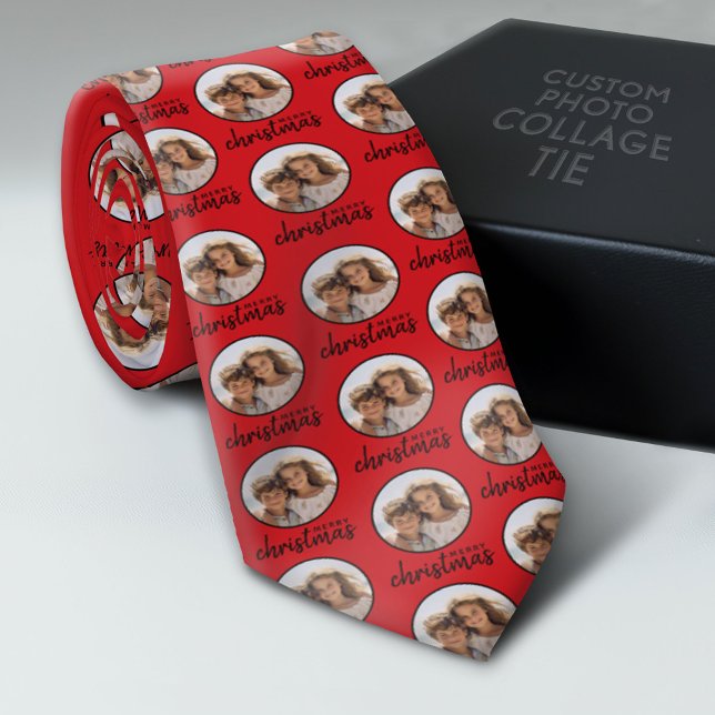 Corbata Feliz Navidad con foto de un solo círculo - negro  (Photo Collage Neck Tie - Add Your Favorite Photos)