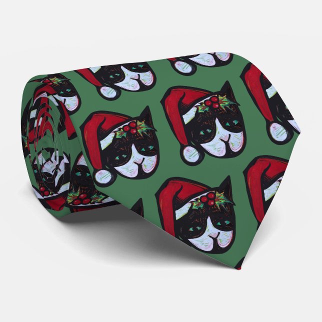 Corbata Feliz Navidad Negro y Gato Blanco (Enrollado)