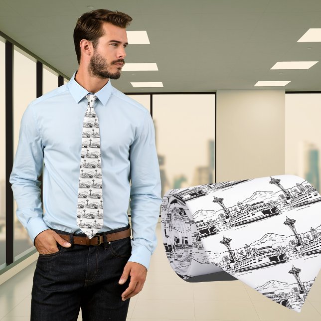 Corbata Ferrocarril Seattle y Línea de Skyline Art Estado  (Seattle Ferry & Skyline Line Art Washington State Tie)
