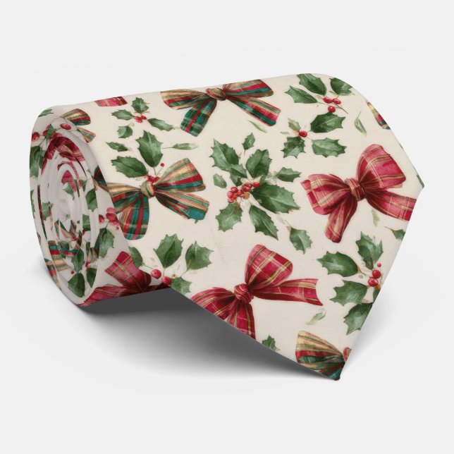 Corbata Festive Bow and Holly Christmas Pattern  (Enrollado)