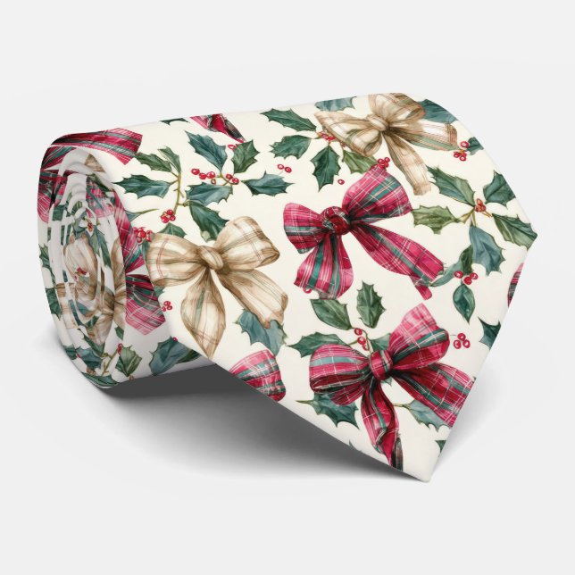 Corbata Festive Bow and Holly Christmas Pattern  (Enrollado)