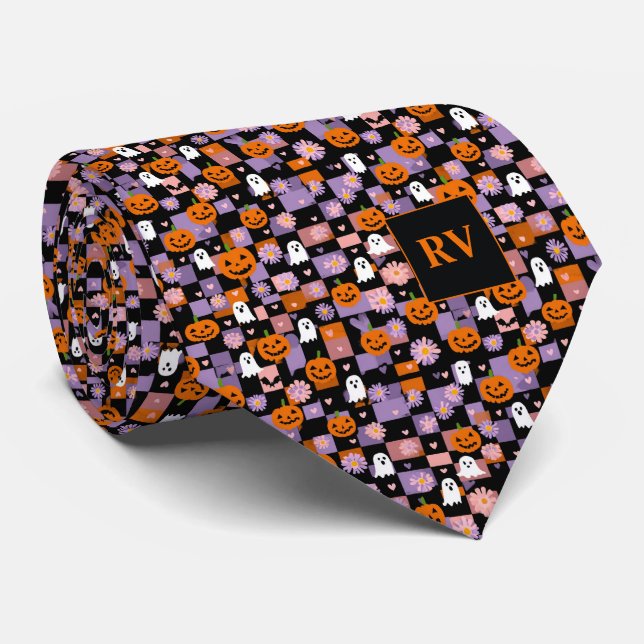 Corbata Fiesta de calabaza de tablero de ajedrez Halloween (Enrollado)