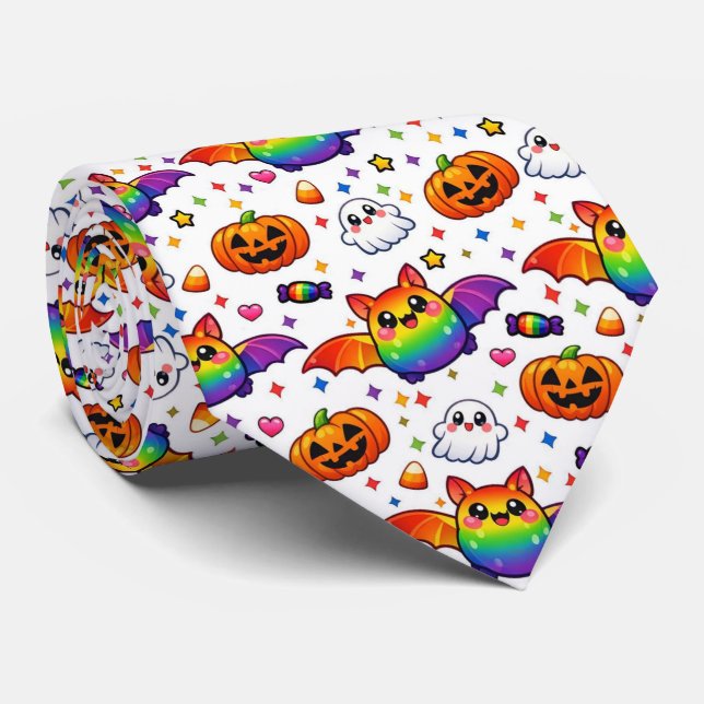 Corbata 🦇🌈 Fiesta Dulce y Espeluznante de Arcoíris (Enrollado)