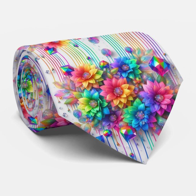 Corbata Flamboyant | Flores de Arcoíris y Diamante (Enrollado)