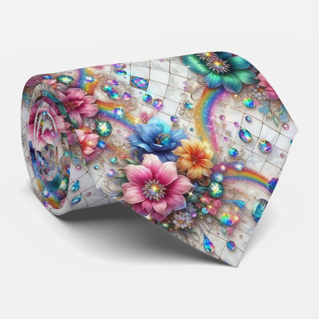 Corbata Flamboyant | Flores de Arcoíris y Diamante (Enrollado)