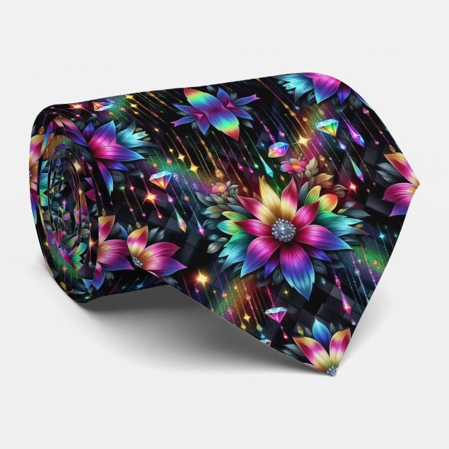 Corbata Flamboyant | Flores de Arcoíris y Diamante (Enrollado)