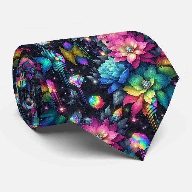 Corbata Flamboyant | Flores de Arcoíris y Diamante (Enrollado)