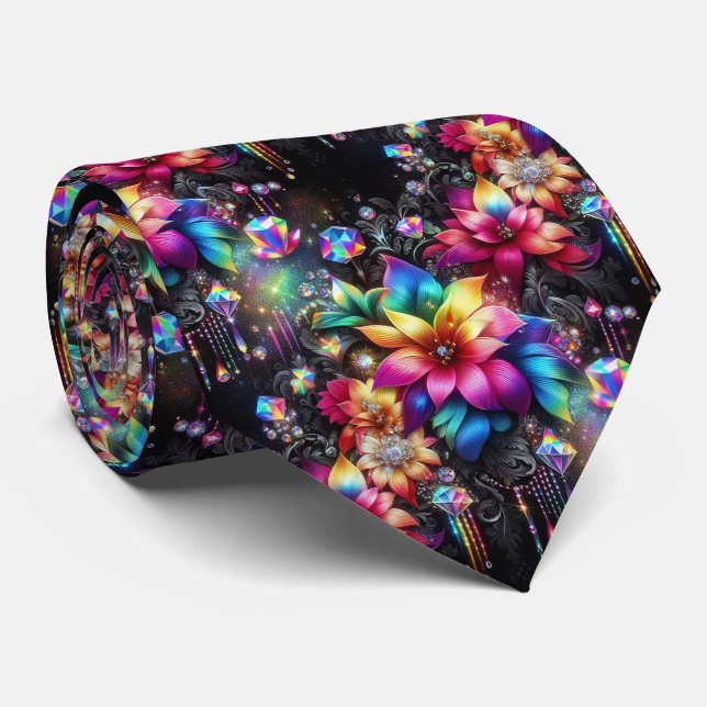 Corbata Flamboyant | Flores de Arcoíris y Diamante (Enrollado)