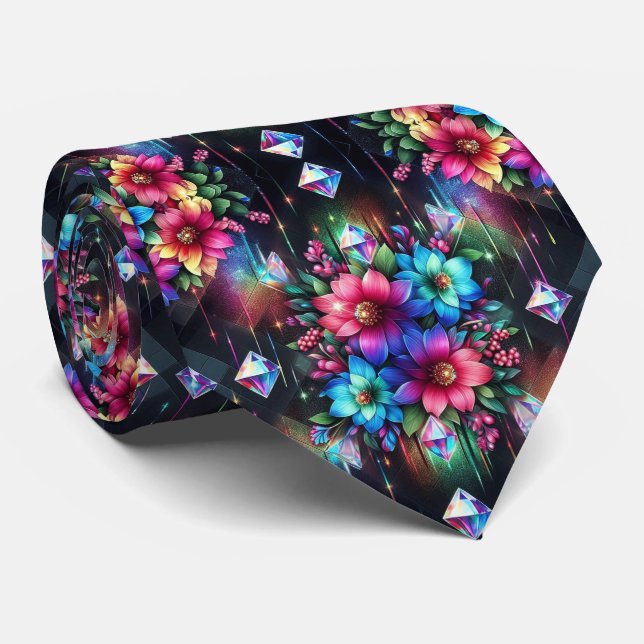Corbata Flamboyant | Flores de Arcoíris y Diamante (Enrollado)