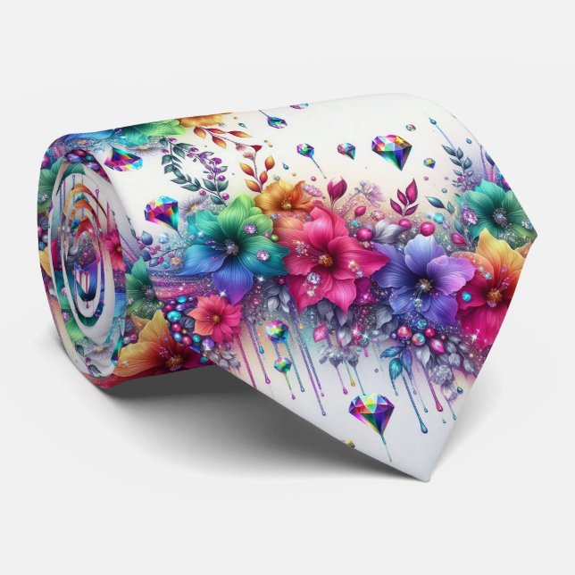 Corbata Flamboyant | Flores de Arcoíris y Diamante (Enrollado)