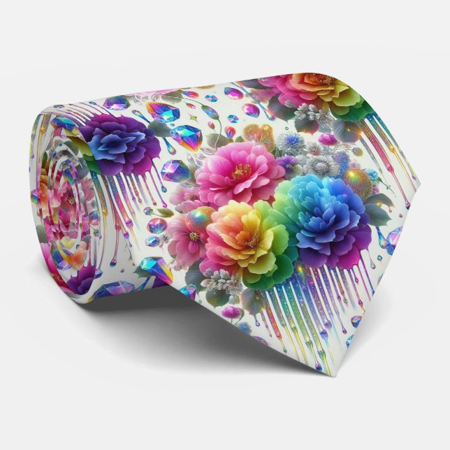 Corbata Flamboyant | Flores de Arcoíris y Diamante (Enrollado)