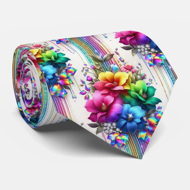 Corbata Flamboyant | Flores de Arcoíris y Diamante (Enrollado)