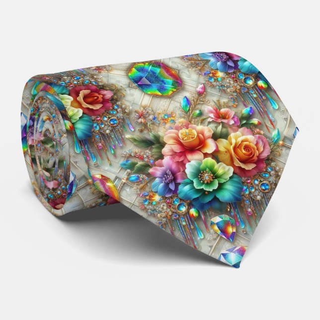Corbata Flamboyant | Flores de Arcoíris y Diamante (Enrollado)