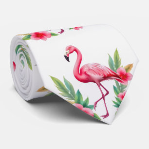 Corbata Flamenco Floral Hawaiano Rosa Acuarela Tropical