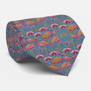 Corbata Flamencos con plumas doradas sobre azul