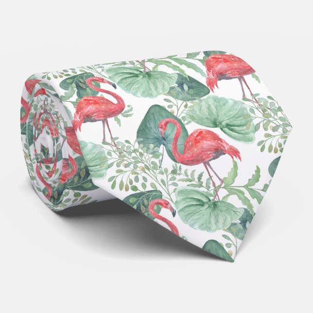 Corbata Flamencos y hojas rosadas. (Enrollado)