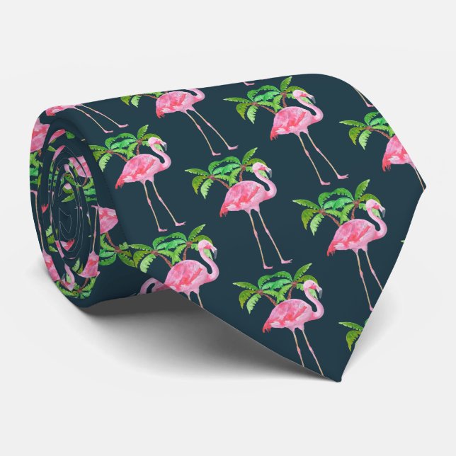 Corbata Flamingo rosa con palmeras (Enrollado)