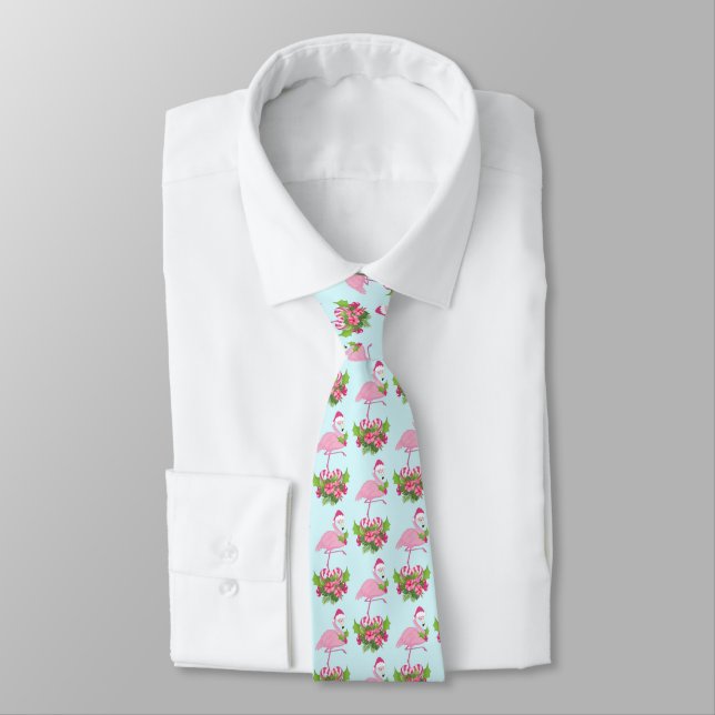 Corbata Flamingo rosa en Santa Hat Whimsical Xmas Pattern (Atado)
