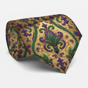 Corbata Fleur De Lis Verde Púrpura Dorado Mardi Gras Vinta