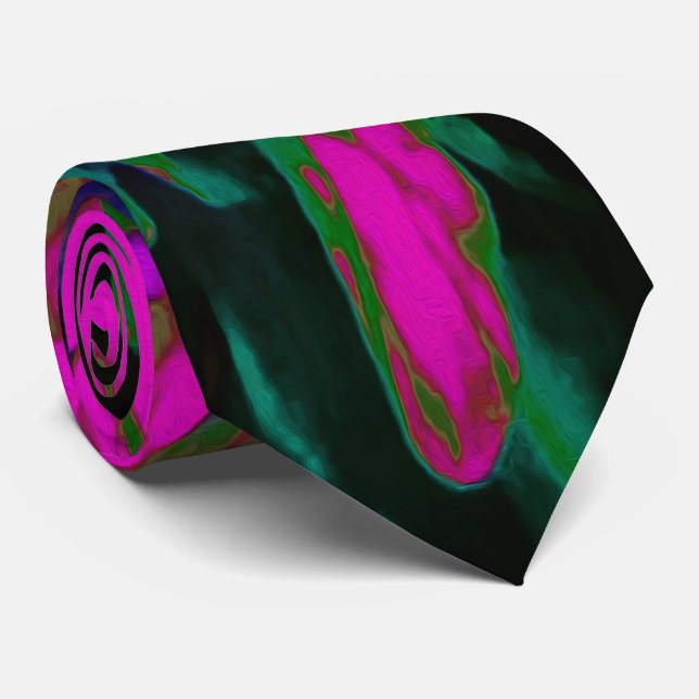 Corbata Flor Abstracta Retro Tripiante de Rosa Caliente y  (Enrollado)