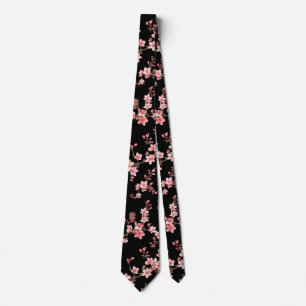 Corbata Flor de cerezo japonés rubor floral rosa negro