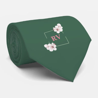 Corbata Flor de cerezo salvaje monogramada verde