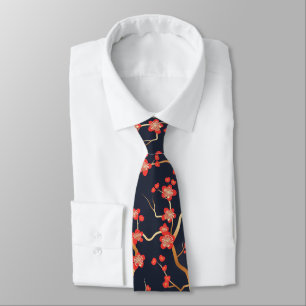 Corbata Flor de ciruelo carmesí dorado bronce azul marino