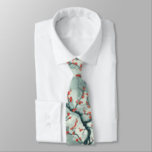 Corbata Flor de ciruelo roja sobre fondo verde menta con p