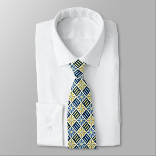 Corbata Flor de diamante azul geométrico y amarillo doble 