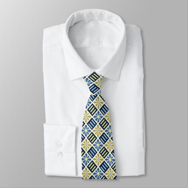 Corbata Flor de diamante azul geométrico y amarillo doble  (Atado)