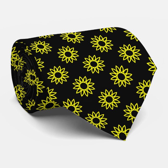 Corbata Flor geométrica 01 - Amarillo sobre negro (Enrollado)
