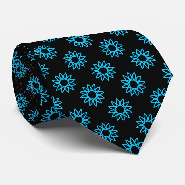 Corbata Flor geométrica 01 - Azul cielo en negro (Enrollado)