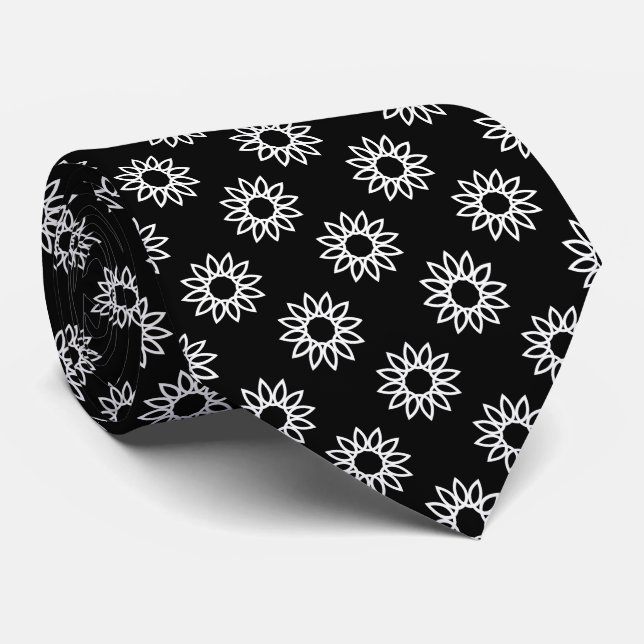 Corbata Flor geométrica 01 - Blanco sobre negro (Enrollado)