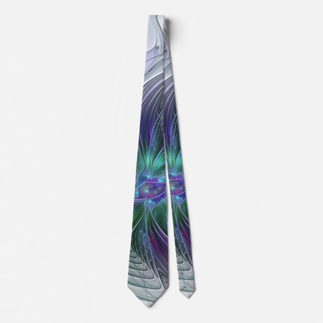 Corbata Flor moderna abstracta fractal verde púrpura (Anverso)