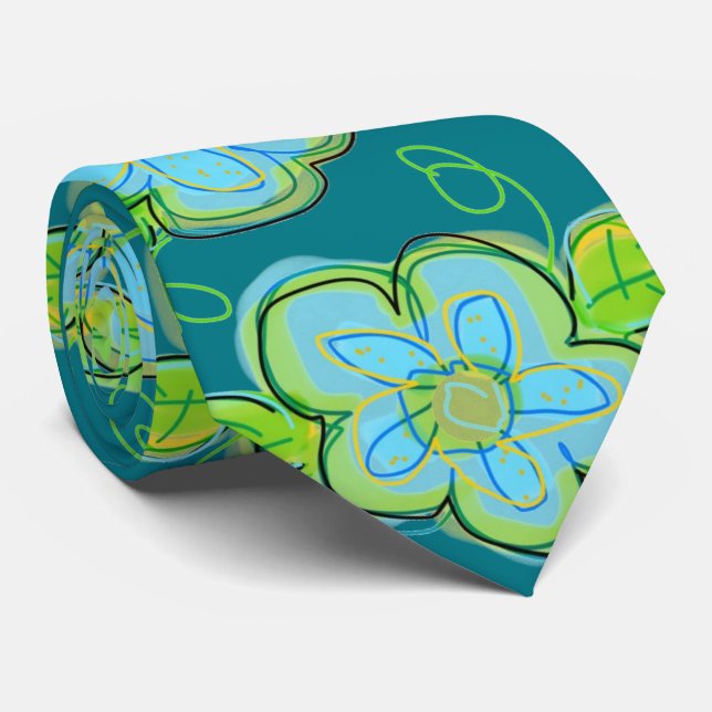 Corbata Flora Turquesa Con Verde Lime (Enrollado)