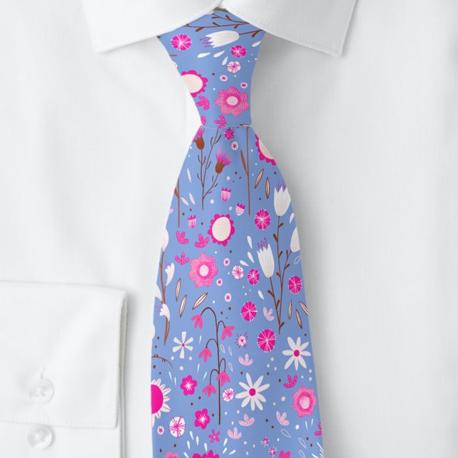 Corbata Floral azul botánico (Blue and pink modern floral botanical neck tie)