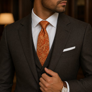 Corbata Floral Barroco Naranja y Dorado Vintage