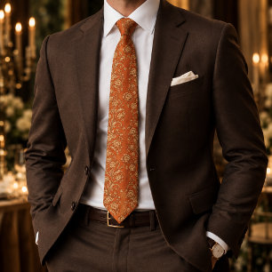Corbata Floral Barroco Naranja y Dorado Vintage