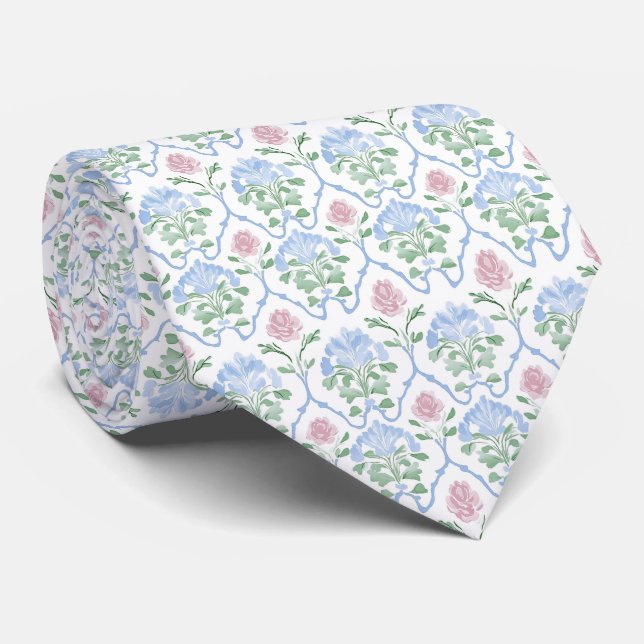 Corbata floral blanca rosa azul (Enrollado)