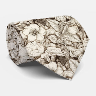 Corbata Floral Botánico Sepia País Francés Crema