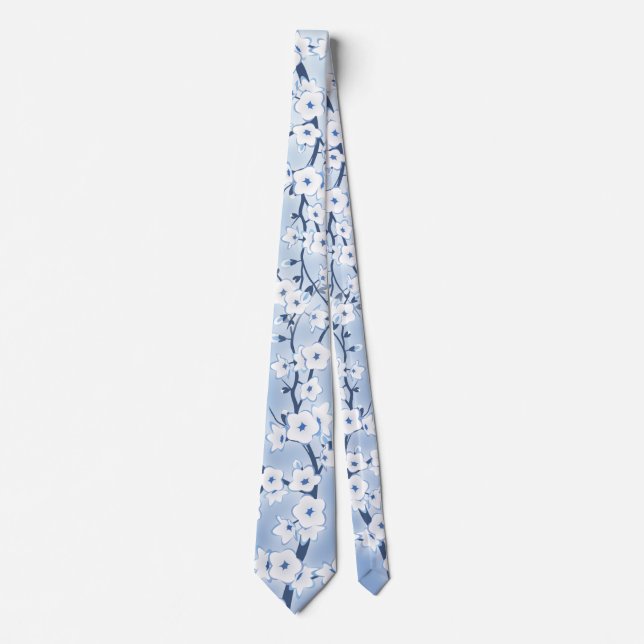 Corbata Floral Cerezo Blossom Patrón azul blanco (Anverso)