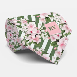 Corbata Floral de cerezo monogramado a rayas