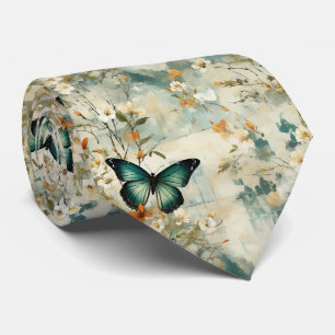 Corbata Floral de mariposa teal de pintor con salvia terra