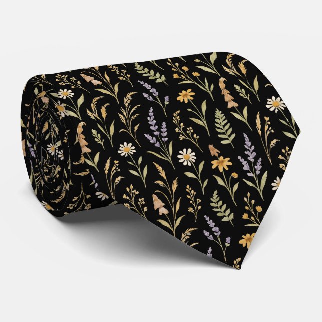 Corbata Floral de Pradera de Flores Silvestres Boho Negro (Enrollado)