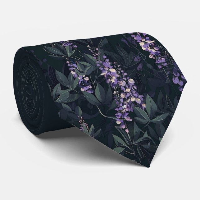 Corbata floral de té verde oscuro y wisteria púrpu (Enrollado)