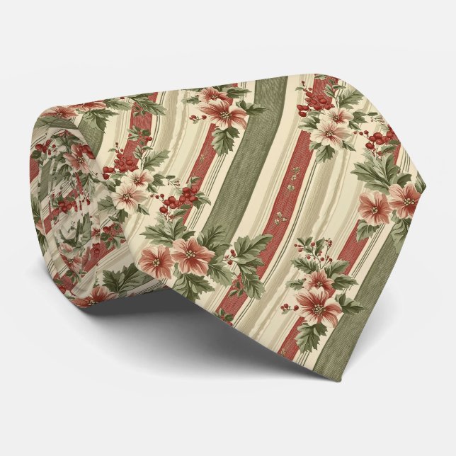 Corbata Floral Diagonal Navideño de Frutas Rojas Rústico (Enrollado)